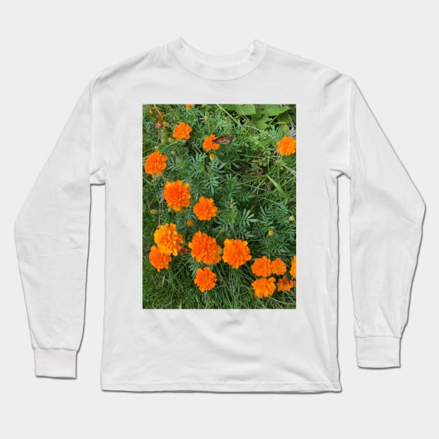 Orange Flowers with Monarch Butterfly Long Sleeve T-Shirt by Amanda1775